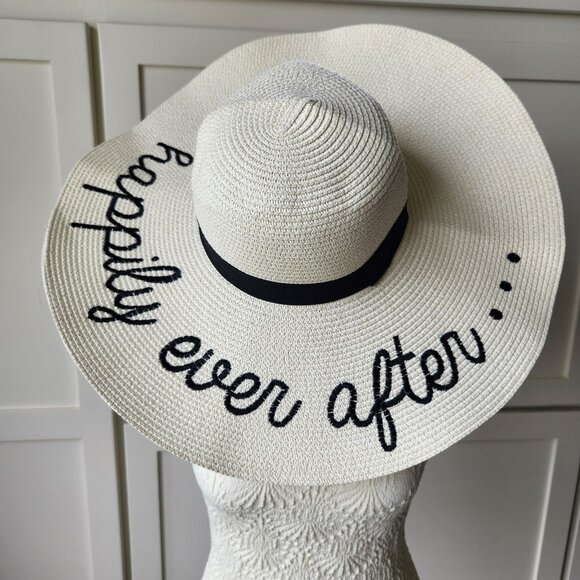 N/A Accessories - Wide-Brim Straw Sun Hat "Happily Ever After" Adjustable Wedding Honeymoon Bride